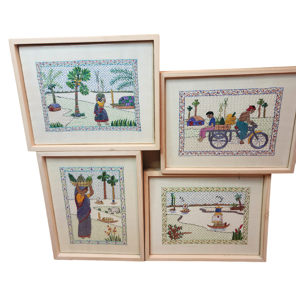 Hand Embroidered AARONG BANGLADESH Framed Art Work Set of 4